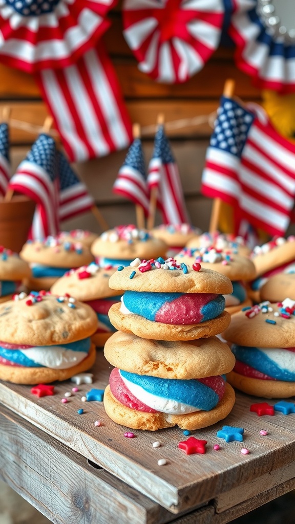 Colorful ice cream sandwiches with red, white, and blue ice cream, decorated with sprinkles, on a rustic table with patriotic decorations.